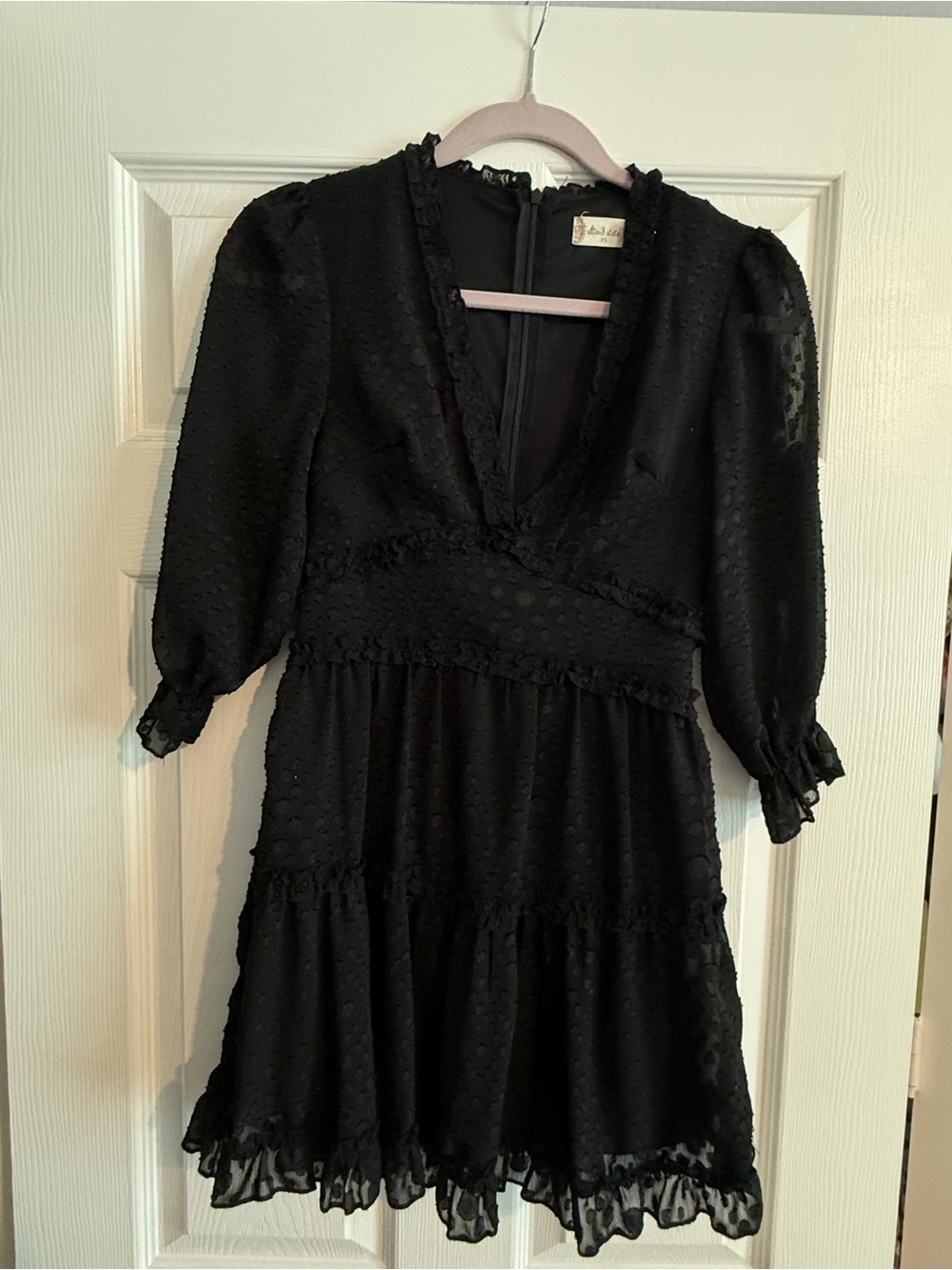 Altar'd State Black Swiss Dot V-Neck Tiered Mini Dress